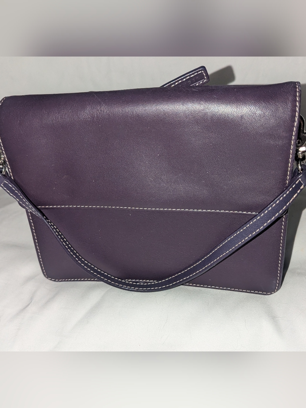 Levenger Deep Purple Leather Organizer Shoulder Bag with Contrast Stitching